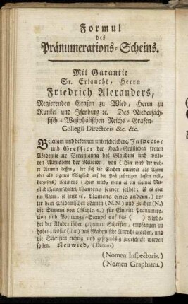 Formul des Pränumerations-Scheins.