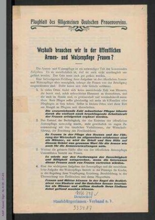 Flugblatt des Allgemeinen Deutschen Frauenvereins - Weshalb brauchen wir in der öffentlichen Armen- und Waisenpflege Frauen?