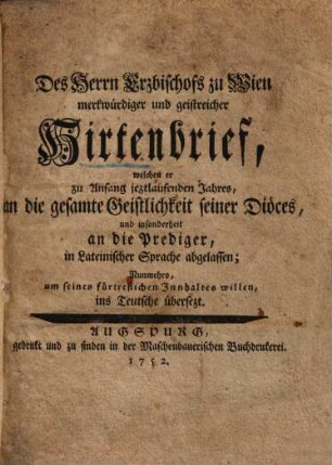 Des Herrn Erzbischofs zu Wien ... Hirtenbrief ... an die gesamte Geistlichkeit seiner Diöces ...