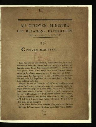 Au Citoyen Ministre des Relations Extérieures