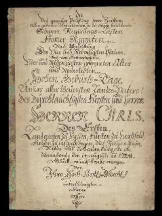 Glückwunschadresse zum Geburtstag von Landgraf Karl von Hessen-Kassel (1654 - 1730)