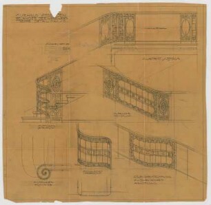 Thiersch, Friedrich von; Wiesbaden; Kurhaus - Treppengeländer Nordwest (Grundriss, Ansichten, Abwicklungen, Austritt 1. OG)