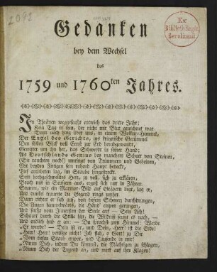 Gedanken bey dem Wechsel des 1759 und 1760ten Jahres