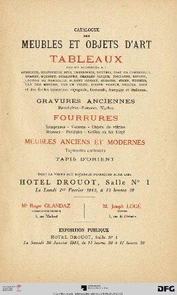 Catalogue des meubles et objets d'art : tableaux par ou attribués a: Andrieux ... ; gravures ancienne, porcelaines, faiences, marbre, fourrures, sculptures, verrerie, objets de vitrine, bronzes, pendules, grilles en fer forgé, meubles anciens et modernes, tapisseries anciennes ; Hotel Drouot, 1er février 1943