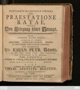 Dispvtatio Inavgvralis Ivridica De Praestatione Ratae : Vulgo: Von Erlegung seines Strangs