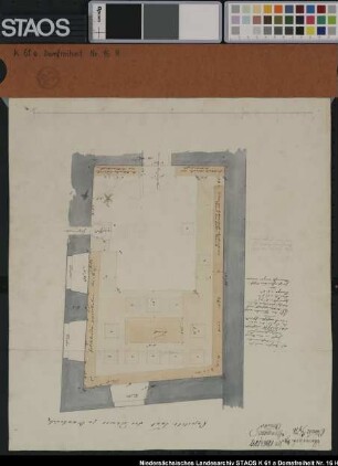 Grundriss des Kapitelsaals im Dom zu Osnabrück, Einzeichnung des Inventars. Aus Rep 925 Nr. 334 Ausf.-Art: Farbige Zeichnung Herst.: Format: 39,6 x 36 cm Maßstab: ca. 1 : 20