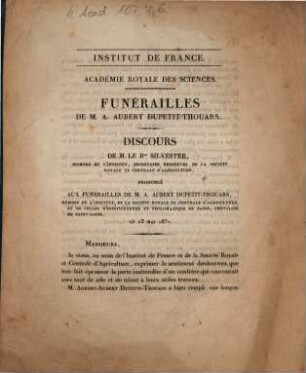 Funérailles de M. A. Aubert Dupetit-Thouars : discours de M. le Bon Silvestre ... le 13 mai 1831