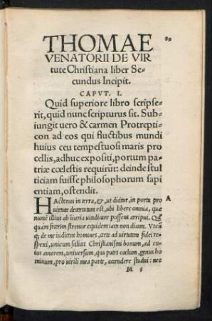 Thomae Venatorii de Virtute Christiana liber Secundus Incipit.