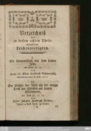 Verzeichniß der in diesem achten Theile enthaltenen Leichenpredigten.