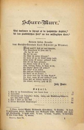 Sämmtliche Werke, 6. Schurr-Murr. Eine Heirathsgeschichte. Olle Kamellen III. Ut mine Stromtid, 1. Theil