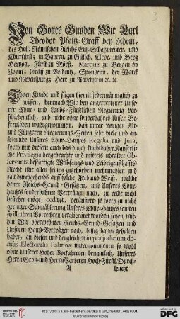 Von Gottes Gnaden, Wir Carl Theodor Pfaltz-Graff bey Rhein,[…]