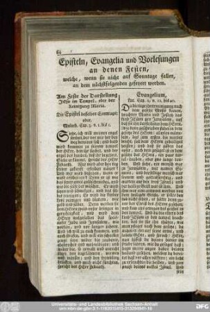 Episteln, Evangelia und Vorlesungen an denen Festen, welche, wenn sie nicht auf Sonntage fallen, an dem nächstfolgenden gefeyert werden.