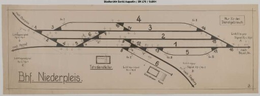 Niederpleis, Bahnhof: Schematischer Gleisplan. Sicherung der Bahnhofseinfahrten durch Lichtsignale / Tageslichtsignale.