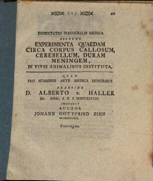 Diss. inaug. med. sistens experimenta quaedam circa corpus callosum, cerebellum, duram meningem, in vivis animalibus instituta