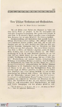 Von Pfälzer Volkstum und Geistesleben
