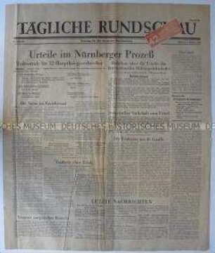 Sowjetische Tageszeitung für die deutsche Bevölkerung "Tägliche Rundschau" zur Urteilsverkündigung in Nürnberg