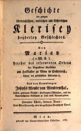 Geschichte der ganzen österreichischen, weltlichen und klösterlichen Klerisey beyderley Geschlechtes, 3. Das Oberösterreich, oder die gefürstete Grafschaft Tyrol