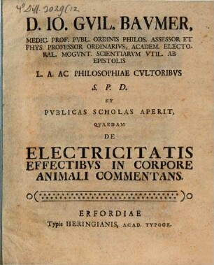 Quaedam de electricitatis effectibus in corpore animali commentans