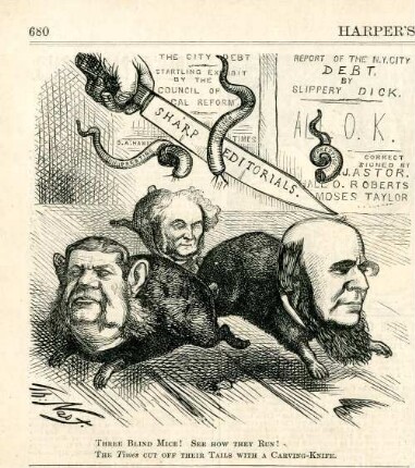 Three blind mice! See how they run! The Times cut off their tails with a carving-knife : drei Mäusen, die Politiker John Jacob Astor, Marshall O. Roberts und Moses Taylor darstellen, werden die Schwänze abgeschnitten