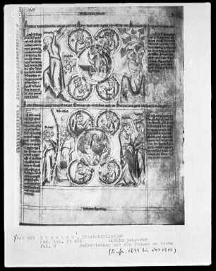 Biblia pauperum — Bildseite mit zwei Gruppen typologischer Szenen, Folio 8recto