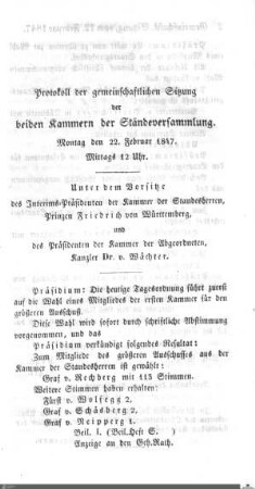 Gemeinschaftliche Sitzung, Stuttgart, 22.2.1847