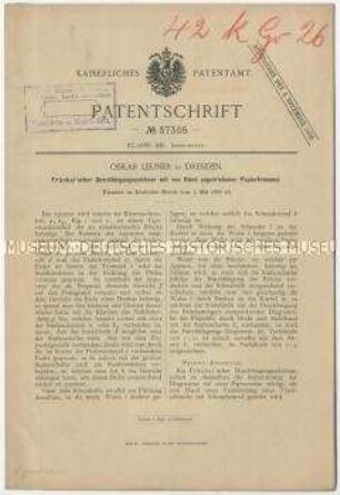Patentschrift eines Fränkel'schen Durchbiegungszeichners mit von Hand angetriebener Papiertrommel, Patent-Nr. 37305