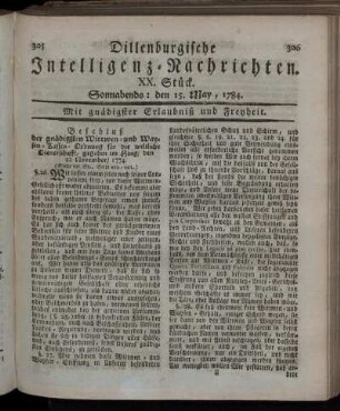 XX. Stück. Sonnabends: den 15. May, 1784.