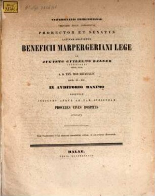 (Programma quo) Universitatis Fridericianae utriusque Halis consociatae Prorector et Senatus lat. orationem Beneficii Marschallianilege lege ab A. G. Balzer ... a. d. XXX. Maii 1844. habendam indicunt : Inest fragmentum lexici rhetorici emendatius editum et adnotatione illustratum [a M. H. E. Meiero], [Part. III. p. XXIX - XXXIV.]
