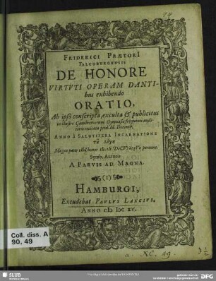 Friderici Praetori[i] ... De Honore Virtvti Operam Dantibus exhibendo Oratio