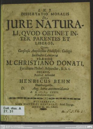 Dissertatio moralis de jure naturali, quod obtinet inter parentes et liberos