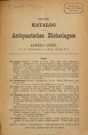 ...Catalog des antiquarischen Bücherlagers von Albert Cohn : [Auch m. franz. Tit.], 148