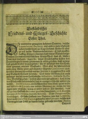 Lielfändischer Friedens- und Krieges-Geschichte Erster Theil