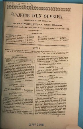 L'amour d'un ouvrier : Drame-vaudeville en 2 actes, par Hyppolite l'Évêque et Michel Delaporte