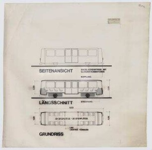 Bandstadt, AVUS-Überbauung, Indapt-System (nicht realisiert) – Kabinenbahn: Seitenansicht, Längschnitt, Grundriss. Berlin-Grunewald