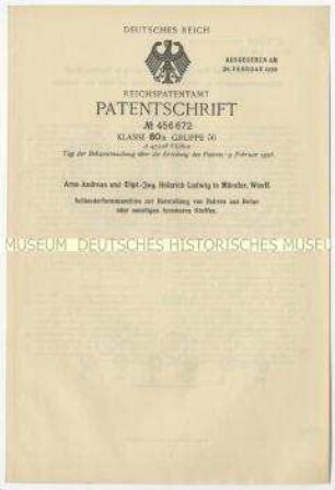 Patentschrift einer Schleuderformmaschine zur Herstellung von Betonrohren, Patent-Nr. 456672