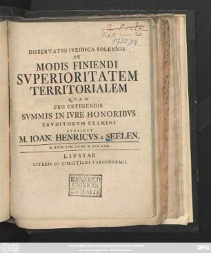 Dissertatio Ivridica Solennis De Modis Finiendi Svperioritatem Territorialem