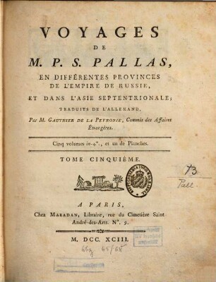 Voyages de M. P. S. Pallas en différentes provinces de l'empire de Russie, et dans l'Asie septentrionale, 5