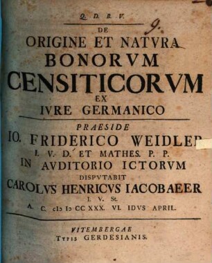 De Origine Et Natvra Bonorvm Censiticorvm Ex Ivre Germanico