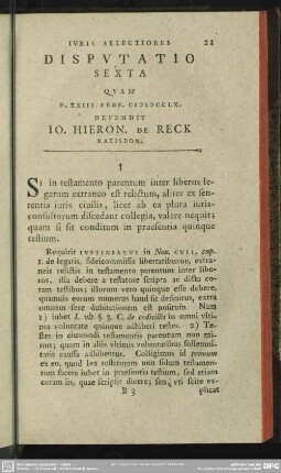 Disputatio Sexta Quam D. XXIII. Febr. MDCCLX. Defendit Io. Hieron. De Reck Ratisbon