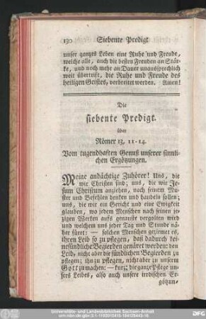 Die siebente Predigt. über Römer 13, 11-14. Vom tugendhaften Genuß unserer sinnlichen Ergötzungen.