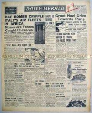 Britische Tageszeitung "Daily Herald" u.a. zu Luftangriffen der R.A.F. auf italienische Truppen in Nordafrika