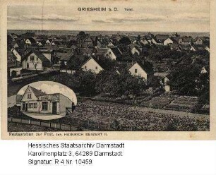 Griesheim bei Darmstadt, Totale und Außenansicht der Restauration 'Zur Post' (Inhaber Heinrich Seibert II.)