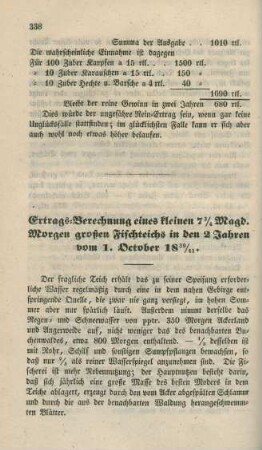 Ertrags-Berechnung eines kleinen 7 3/4 Magd. Morgen großen Fischteichs in den 2 Jahren vom 1. October 1839/41.