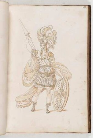 Krieger im Prunkharnisch mit Lanze und Schild, in: Equestrium statuarum [...] formae [...] artificiosissime pictis, Bl. 47