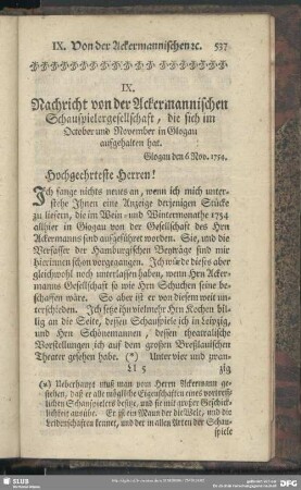 IX. Nachricht von der Ackermannischen Schauspielergesellschaft, die sich im October und November in Glogau aufgehalten hat. Glogau den 6 Nov. 1754.