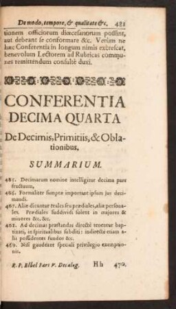 Conferentia Decima Quarta De Decimis, Primitiis, & Oblationibus