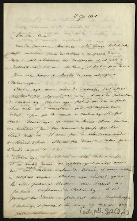 52 Briefe, Originale bzw. Abschriften: Diplomatische Korrespondenz der Hauptakteure der Montenegropolitik der Jahre 1857-1861 - BSB Cod.gall. 987(1-5, Teil 2,29. The Henri Delarue - Hyacinthe Hecquard correspondence, 1857-1858 (33 original confidential letters), Nr. 29: July 2, [1858] - BSB Cod.gall. 987(2,29
