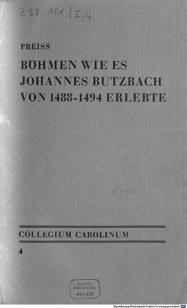 Böhmen, wie es Johannes Butzbach von 1488 - 1494 erlebte