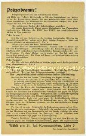 Aufruf der Revolutionären Jungarbeiter an Polizisten zur Wahl der KPD in den Reichstag am 31. Juli 1932