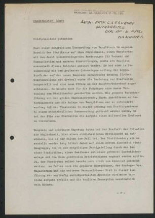 Stadttheater (später: Heinz-Hilpert-Theater), Lünen: Dreiseitiges Schriftstück zur städtebaulichen Situation